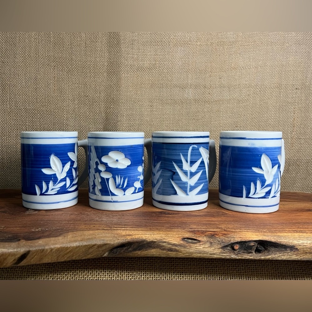 Vintage Japanese Incut Coffee Mugs Blue White Flower Porcelain - Set of 4